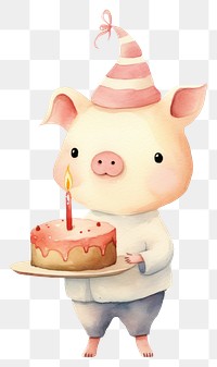 PNG Cute pig holding birthday cake dessert food representation. 