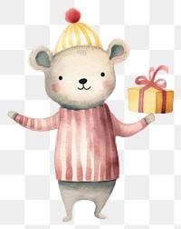 PNG Mouse character wear sweater holding gift box cartoon cute rat. 