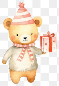 PNG Bear character wear sweater holding gift box decoration cartoon cute. 