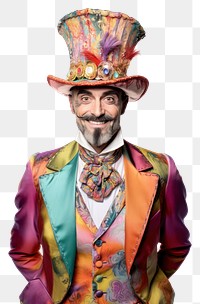 PNG Mad man wearing a colorful vintage hat costume portrait smiling. AI generated Image by rawpixel.