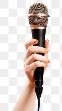 PNG  Hand woman hold microphone white background performance technology. AI generated Image by rawpixel.