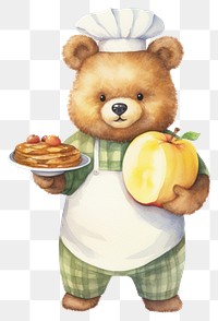 PNG Cute bear chef holding apple pie cartoon food toy. 