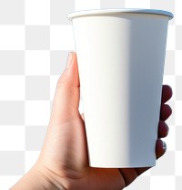 PNG White tumbler cup holding coffee. 