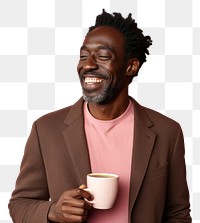 PNG Man drinking tea laughing smiling coffee. 