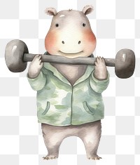 PNG Hippopotamus lifting dumbbells cartoon white background representation. 