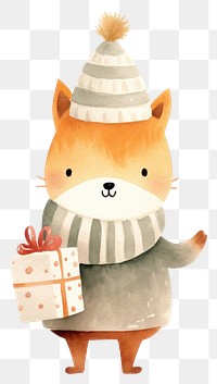 PNG Cute fox character wear sweater holding gift box cartoon paper representation. 