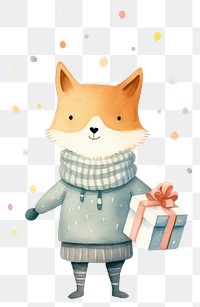 PNG Cute fox character wear sweater holding gift box cartoon celebration carnivora. 