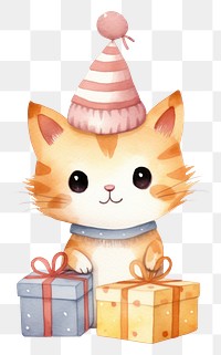 PNG Cute cat character wear sweater holding gift box decoration cartoon hat. 