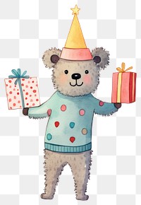 PNG Bear character wear sweater holding gift box decoration cartoon party. 