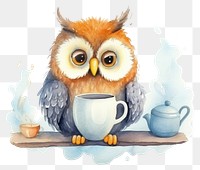 PNG Owl drinking coffee painting animal bird. AI generated Image by rawpixel.