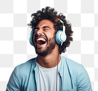 PNG Man wearing headphones laughing headset smiling. 