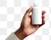 PNG Hand holding pill bottle milk medication container. 