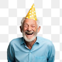 PNG Man short hair wearing party hat laughing adult blue. 