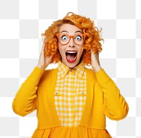 PNG surprised woman in yellow outfit. AI generated image by rawpixel.