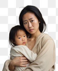 PNG Stressed asian mother portrait hugging family. 