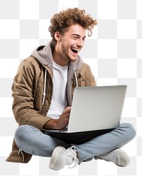 PNG Male student sitting laptop laughing. AI generated Image by rawpixel.