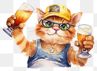 PNG Cat drinking a beer white background carnivora headwear. 