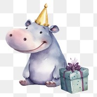 PNG Hippo wearing a party hat animal birthday smiling. 