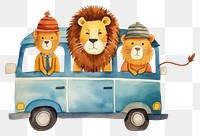 PNG Cute lion family traveling animal vehicle cartoon. 