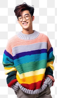 PNG Wearing colorful sweater glasses smile face. 