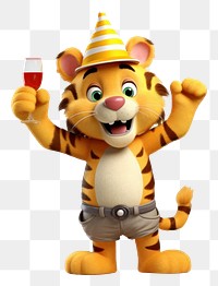 PNG Tiger wearing party hat cartoon mascot plush. 