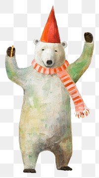 PNG Happy polar bear celebrating Christmas wearing Santa hat art drawing mammal. 