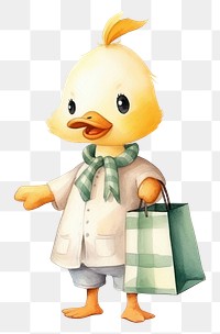 PNG Duck holding shopping bag cartoon cute toy. 