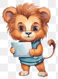 PNG Lion holding computer cartoon cute  