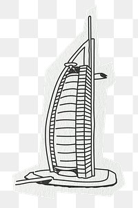 PNG Burj Al Arab, Dubai famous hotel, line art illustration, transparent background