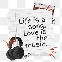 PNG Music quote, headphones  paper craft remix, transparent background