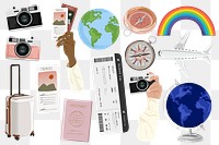 Travel elements png, set aesthetic illustration, transparent background