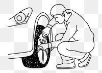 Man checking flat tire png doodle element, transparent background