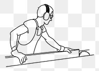 Carpenter cutting wooden plank with electric saw png doodle element, transparent background