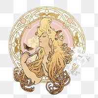 PNG Alphonse Mucha's blonde woman, art nouveau illustration, transparent background. Remixed by rawpixel.