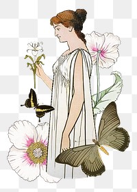 PNG Woman holding flower, vintage art nouveau illustration, transparent background. Remixed by rawpixel.