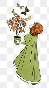 PNG Girl holding flower pot, Josef Rudolf Witzel's vintage illustration, transparent background. Remixed by rawpixel.