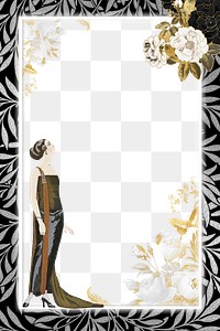 PNG 1920s woman fashion frame background, George Barbier's famous illustration, transparent background. Remixed by rawpixel.