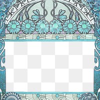 PNG Blue ornate flower frame, art nouveau illustration, transparent background. Remixed by rawpixel.