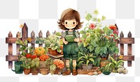 PNG Little girl in garden, watercolor illustration, transparent background