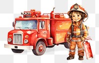 PNG Little firefighter, watercolor illustration, transparent background