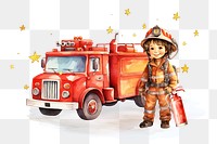 PNG Little firefighter, watercolor illustration, transparent background