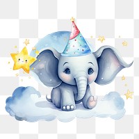 PNG Birthday elephant cartoon, watercolor illustration, transparent background