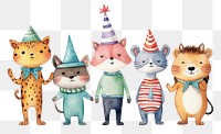 PNG Cute birthday animal cartoon, watercolor illustration, transparent background