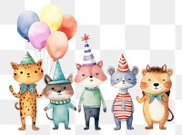 PNG Cute birthday animal cartoon, watercolor illustration, transparent background
