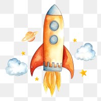 PNG Launching rocket, watercolor illustration, transparent background