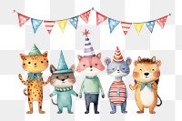 PNG Birthday animal cartoon, watercolor illustration, transparent background