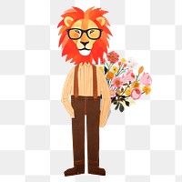 PNG Lion man holding flower bouquet paper craft remix, transparent background