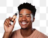 PNG Smiling man cosmetics bottle face. 