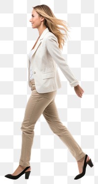 PNG A woman walking footwear blazer. 