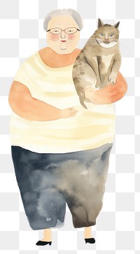 PNG Old woman holding a cat drawing mammal animal. AI generated Image by rawpixel.